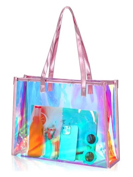 Handbags - Holographic Clear Tote Bag with Leather Handle Iridescent Bachelorette